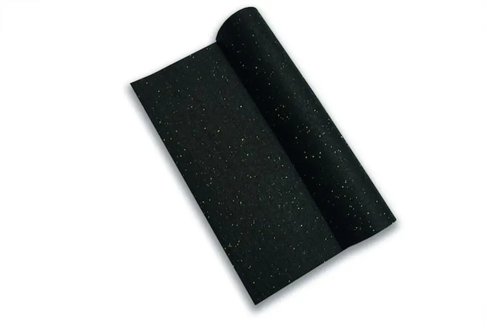 Schwarze Antirutschmatte mit glatter Oberfläche und goldenen Sprenkeln. Die Matte ist gerollt und bietet eine rutschfeste Lösung für verschiedene Anwendungen. Hersteller ist Roth.